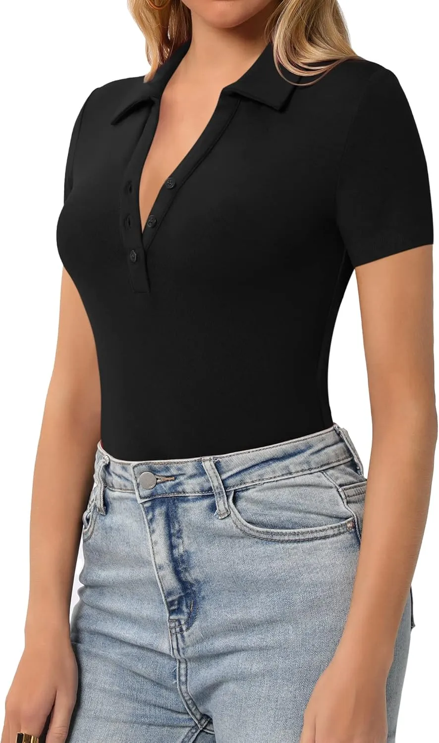 HERLOLLYCHIPS Womens Long Sleeve Short Sleeve Collared Polo Tops V Neck Button Down Fitted Shirts