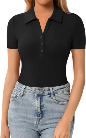 HERLOLLYCHIPS Womens Long Sleeve Short Sleeve Collared Polo Tops V Neck Button Down Fitted Shirts