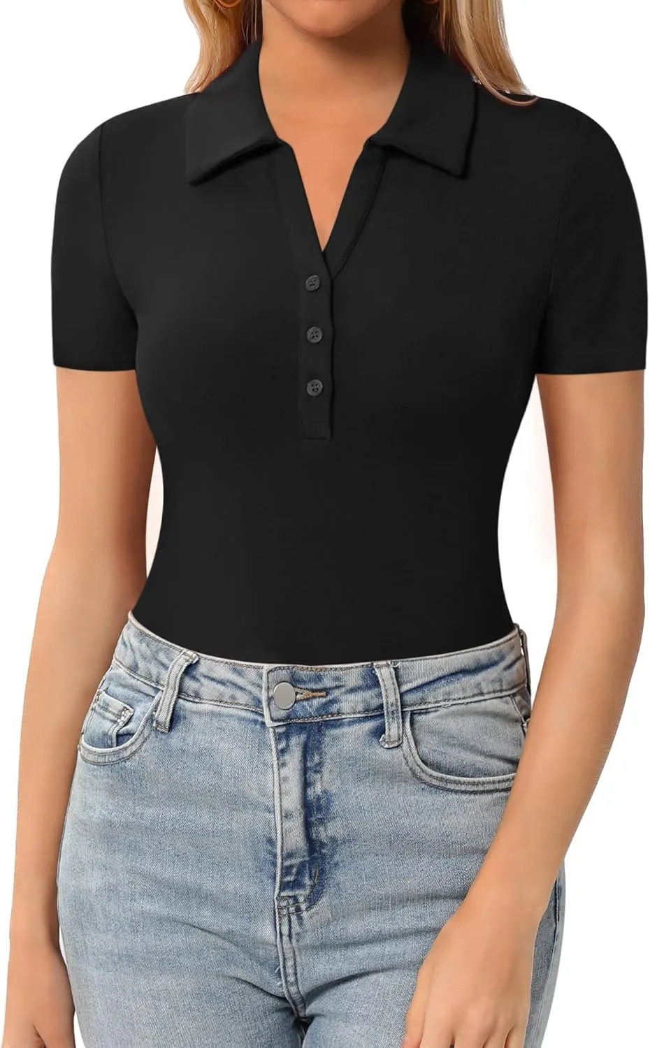 HERLOLLYCHIPS Womens Long Sleeve Short Sleeve Collared Polo Tops V Neck Button Down Fitted Shirts