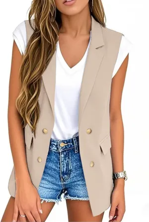 IDEALSANXUN Womens Double Breasted Vest Tops Sleeveless Blazer Spring Summer Suit Jackets