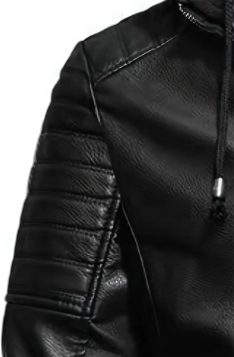 INVACHI Men's Faux Leather Jacket with Hood Vintage Bomber Waterproof PU Warm Jacket