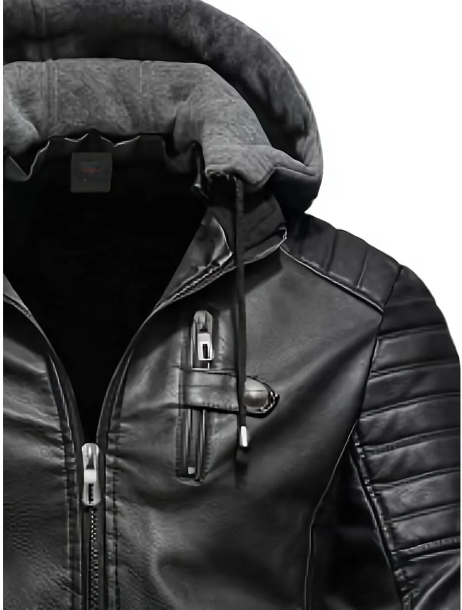 INVACHI Men's Faux Leather Jacket with Hood Vintage Bomber Waterproof PU Warm Jacket