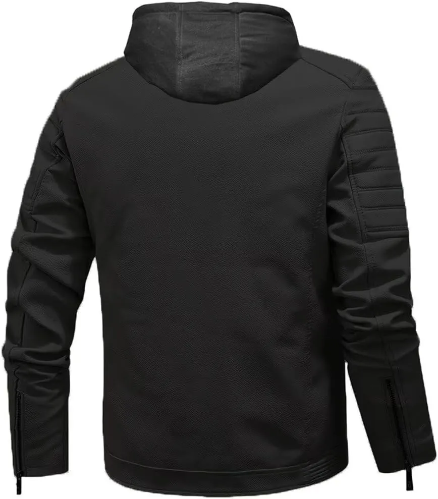 INVACHI Men's Faux Leather Jacket with Hood Vintage Bomber Waterproof PU Warm Jacket