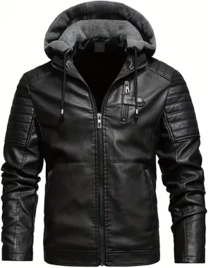 INVACHI Men's Faux Leather Jacket with Hood Vintage Bomber Waterproof PU Warm Jacket