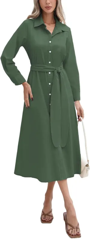Kedera Women's Casual Long Sleeve Dress Button Down Striped Maxi Shirt Dress Side Split Loose Fit Blouse Dress
