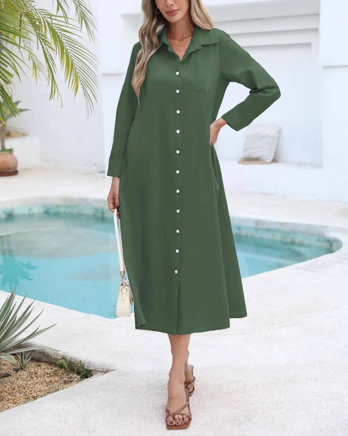 Kedera Women's Casual Long Sleeve Dress Button Down Striped Maxi Shirt Dress Side Split Loose Fit Blouse Dress