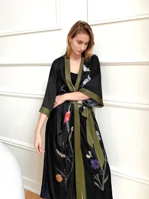 Kimono Robes for Women Long Dressing Gown Charmeuse Satin Floral Print Silky Robe Sleepwear Wedding Bachelorette Party