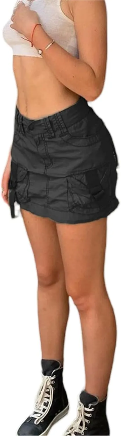 KMBANGI Low Waist Mini Skirt for Women Gothic Pleated Skirts Cute Aesthetic Retro Y2k Short Denim Skirt Harajuku Grunge