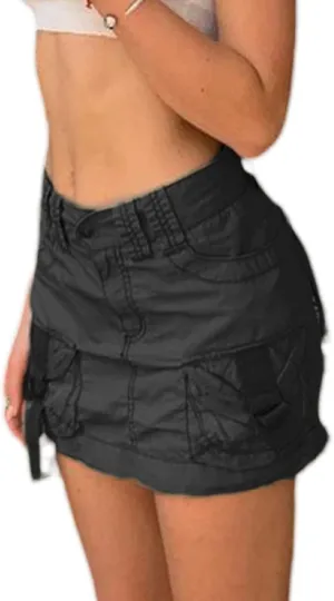 KMBANGI Low Waist Mini Skirt for Women Gothic Pleated Skirts Cute Aesthetic Retro Y2k Short Denim Skirt Harajuku Grunge