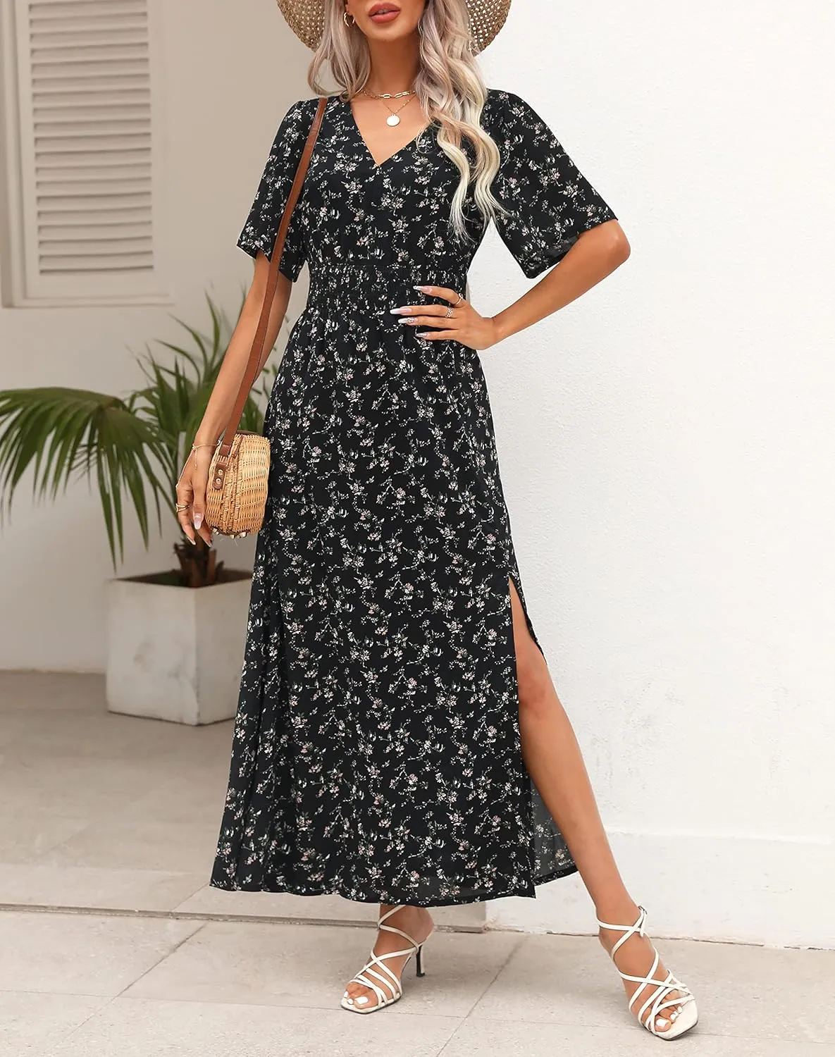 Kranda Women 2025 Summer Spring V Neck High Waist Short Sleeve Casual Long Boho Floral Swing Flowy Slit Beach Maxi Dress