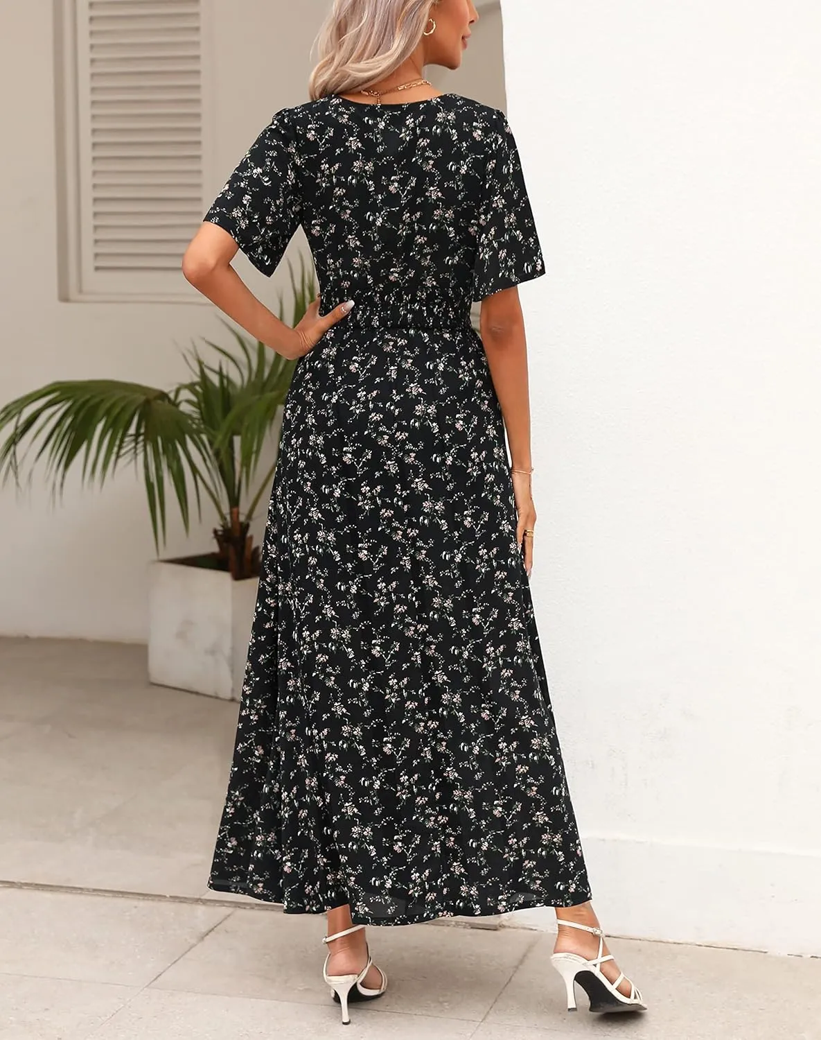 Kranda Women 2025 Summer Spring V Neck High Waist Short Sleeve Casual Long Boho Floral Swing Flowy Slit Beach Maxi Dress