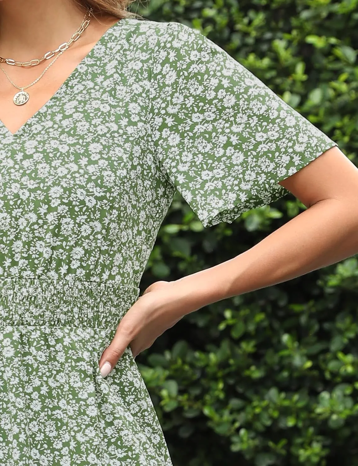 Kranda Women 2025 Summer Spring V Neck High Waist Short Sleeve Casual Long Boho Floral Swing Flowy Slit Beach Maxi Dress