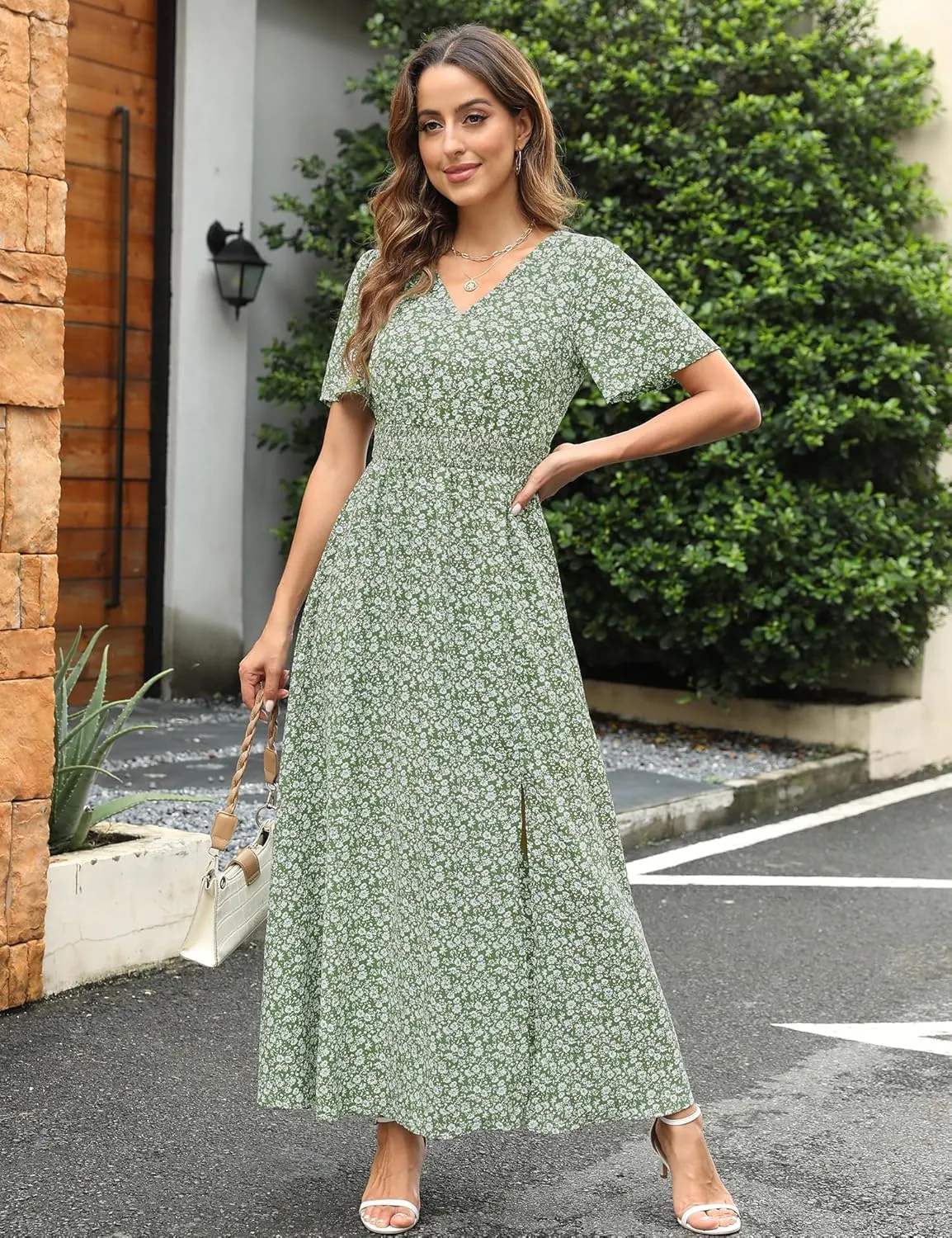 Kranda Women 2025 Summer Spring V Neck High Waist Short Sleeve Casual Long Boho Floral Swing Flowy Slit Beach Maxi Dress