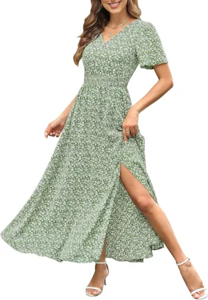 Kranda Women 2025 Summer Spring V Neck High Waist Short Sleeve Casual Long Boho Floral Swing Flowy Slit Beach Maxi Dress