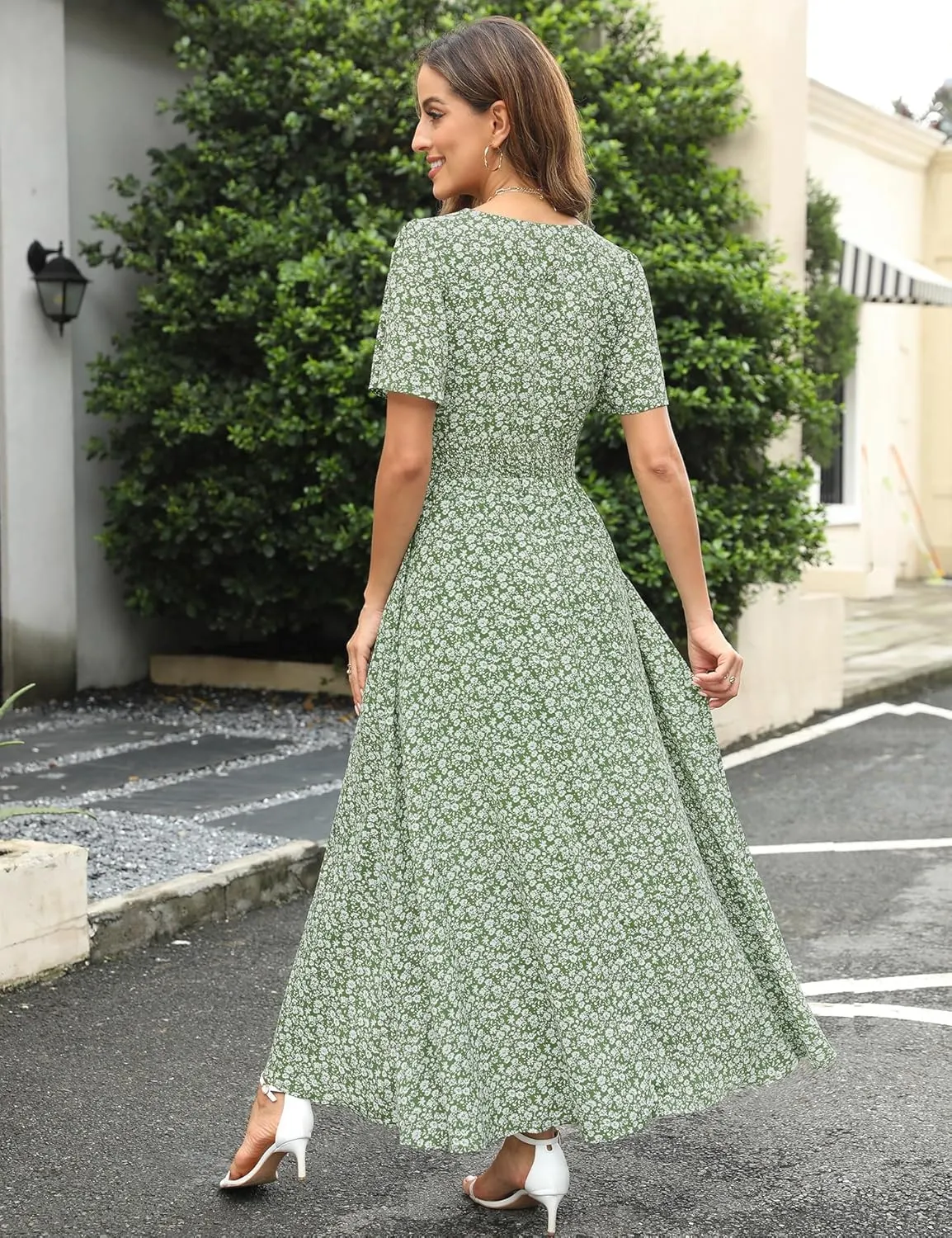 Kranda Women 2025 Summer Spring V Neck High Waist Short Sleeve Casual Long Boho Floral Swing Flowy Slit Beach Maxi Dress