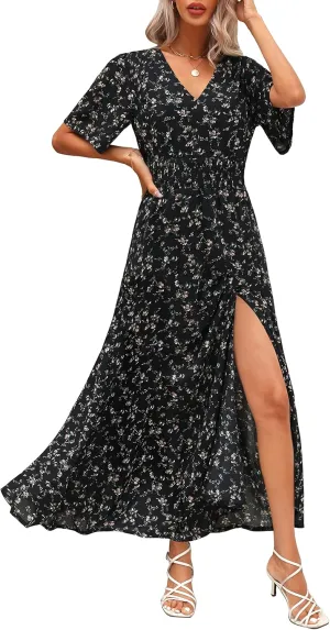 Kranda Women 2025 Summer Spring V Neck High Waist Short Sleeve Casual Long Boho Floral Swing Flowy Slit Beach Maxi Dress