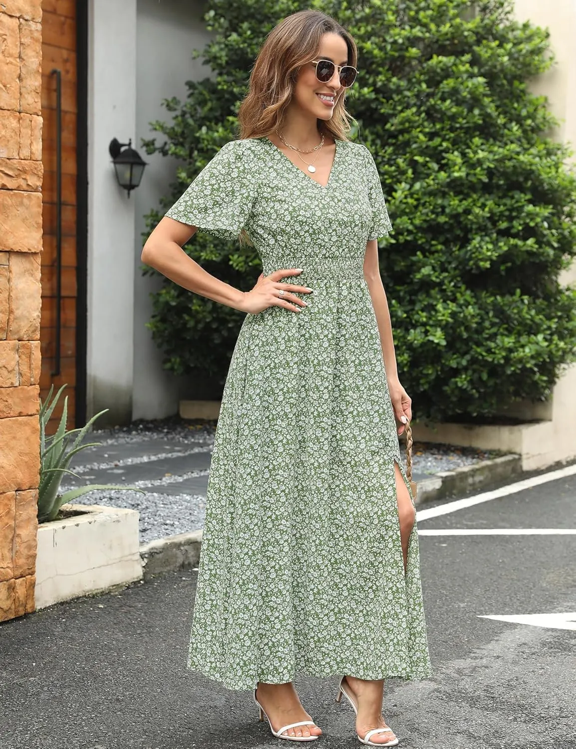 Kranda Women 2025 Summer Spring V Neck High Waist Short Sleeve Casual Long Boho Floral Swing Flowy Slit Beach Maxi Dress