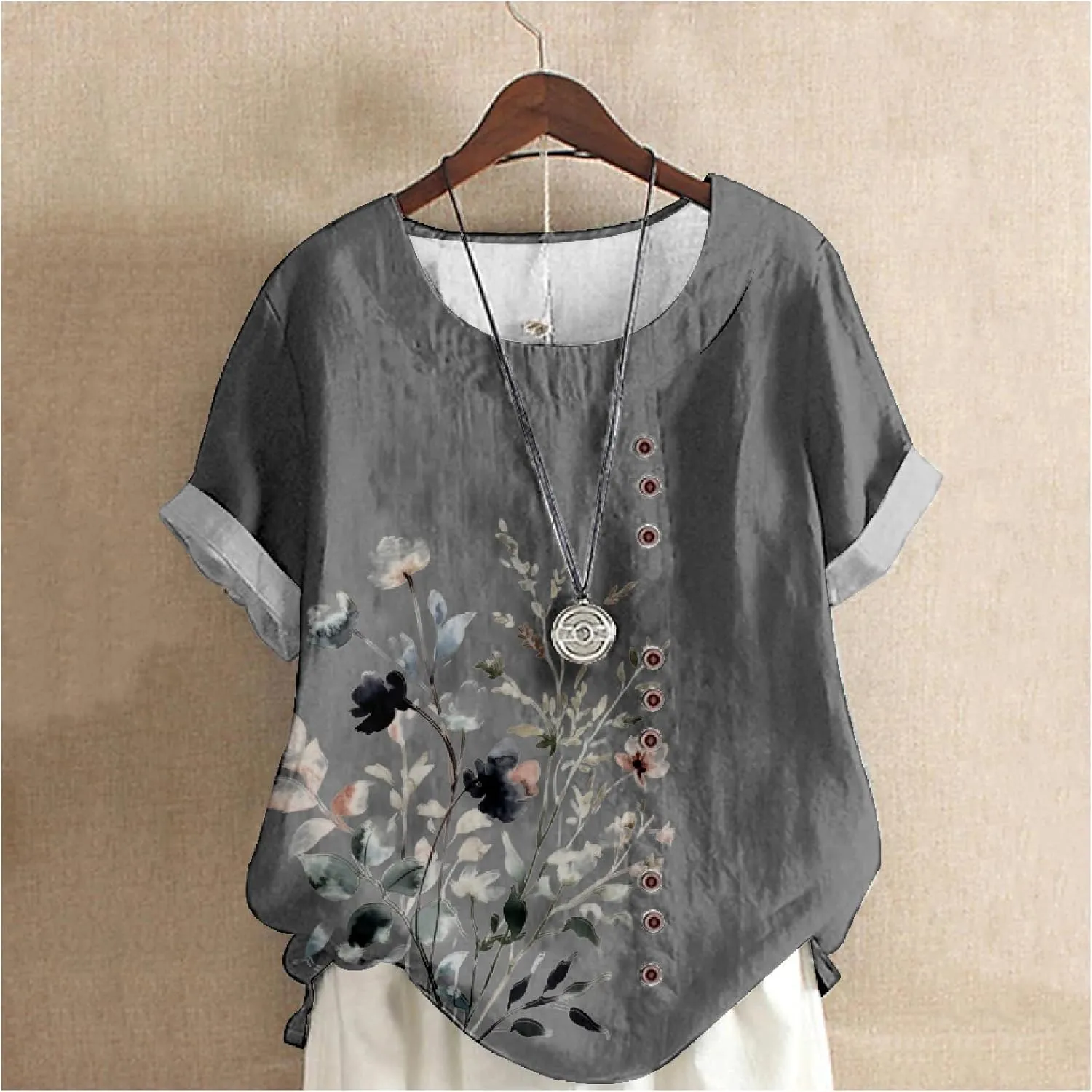 Ladies Linen Blend Tunic Tops Womens Button Boho Floral Printed Crewneck Short Sleeve Shirts Summer Vacation Blouse