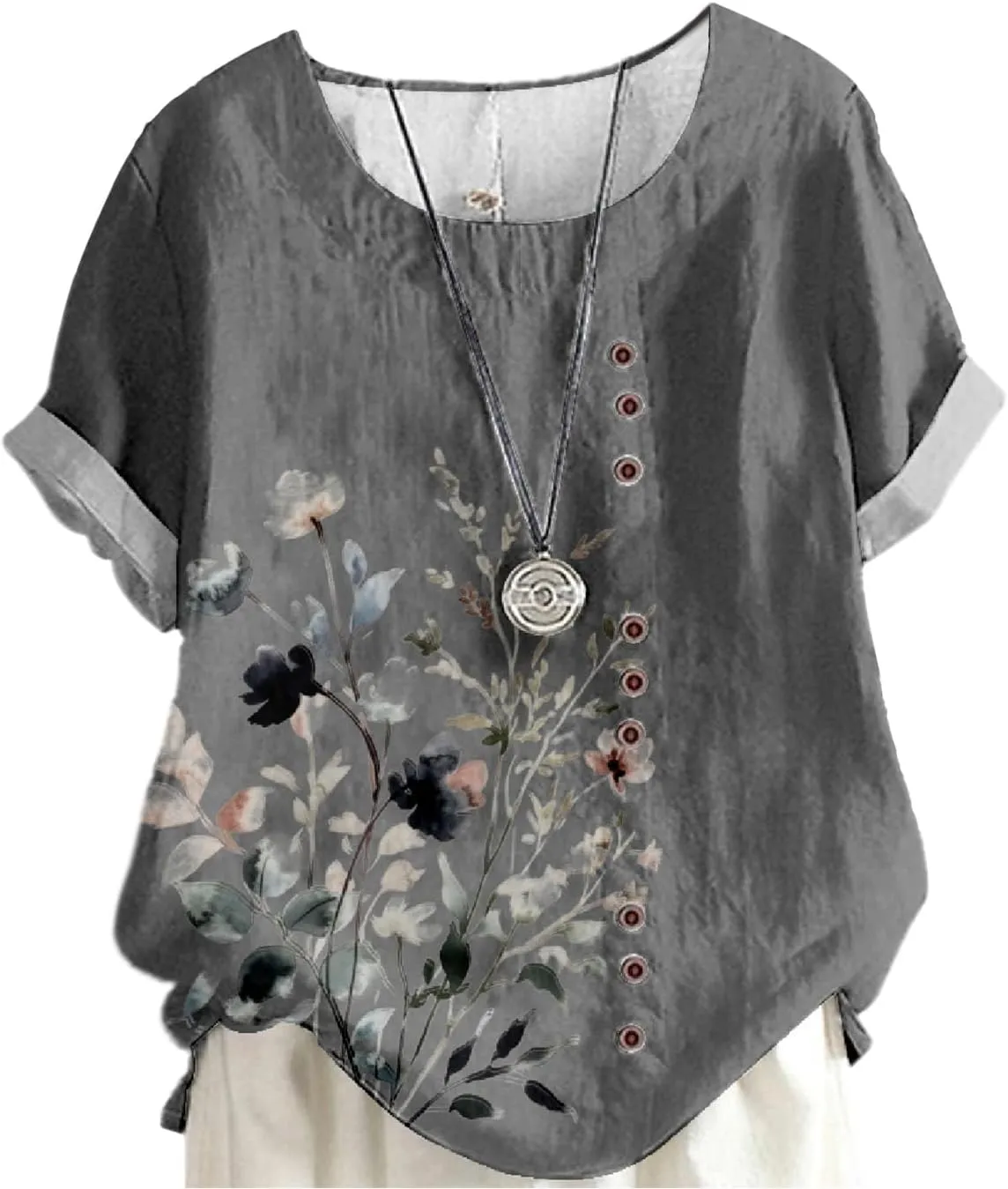 Ladies Linen Blend Tunic Tops Womens Button Boho Floral Printed Crewneck Short Sleeve Shirts Summer Vacation Blouse
