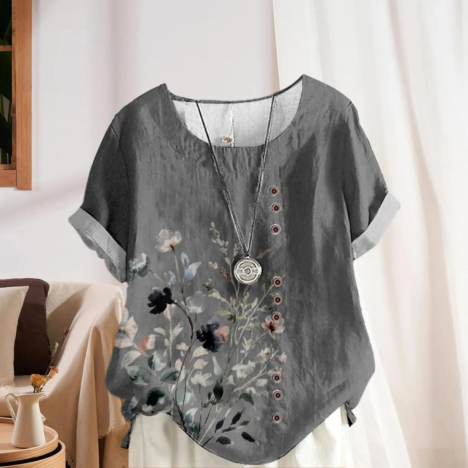 Ladies Linen Blend Tunic Tops Womens Button Boho Floral Printed Crewneck Short Sleeve Shirts Summer Vacation Blouse