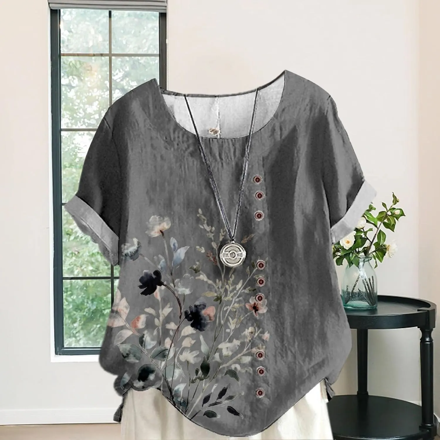 Ladies Linen Blend Tunic Tops Womens Button Boho Floral Printed Crewneck Short Sleeve Shirts Summer Vacation Blouse