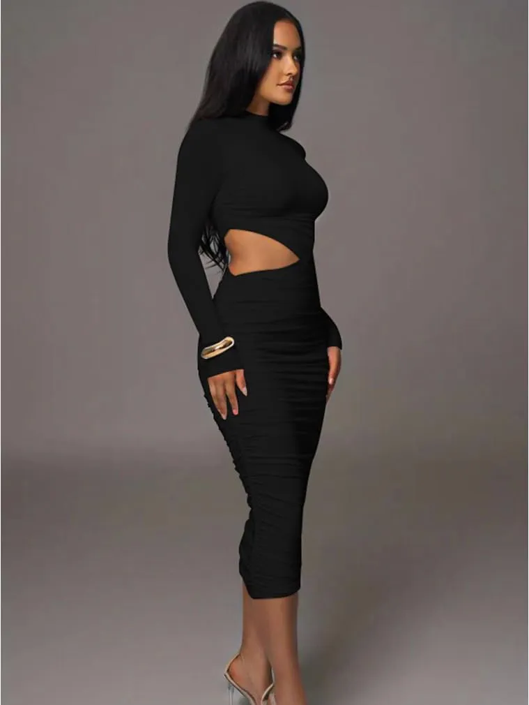 LAGSHIAN Women Sexy Long Sleeve Mock Neck One Piece Cutout Ruched Bodycon Midi Party Dress