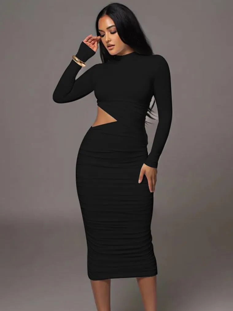 LAGSHIAN Women Sexy Long Sleeve Mock Neck One Piece Cutout Ruched Bodycon Midi Party Dress