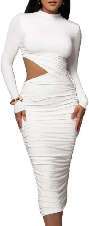 LAGSHIAN Women Sexy Long Sleeve Mock Neck One Piece Cutout Ruched Bodycon Midi Party Dress