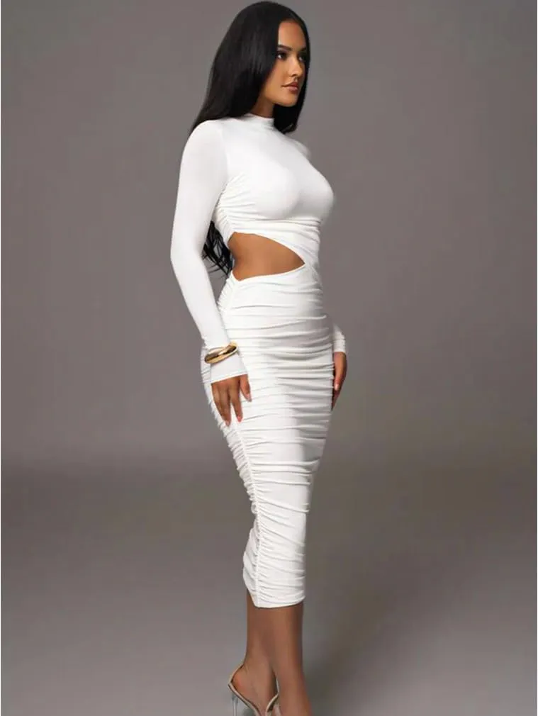 LAGSHIAN Women Sexy Long Sleeve Mock Neck One Piece Cutout Ruched Bodycon Midi Party Dress