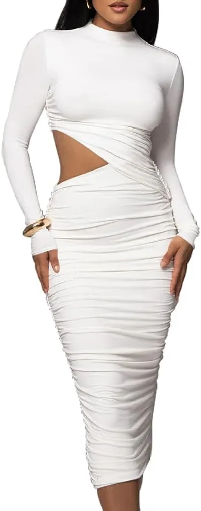 LAGSHIAN Women Sexy Long Sleeve Mock Neck One Piece Cutout Ruched Bodycon Midi Party Dress