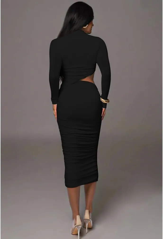 LAGSHIAN Women Sexy Long Sleeve Mock Neck One Piece Cutout Ruched Bodycon Midi Party Dress
