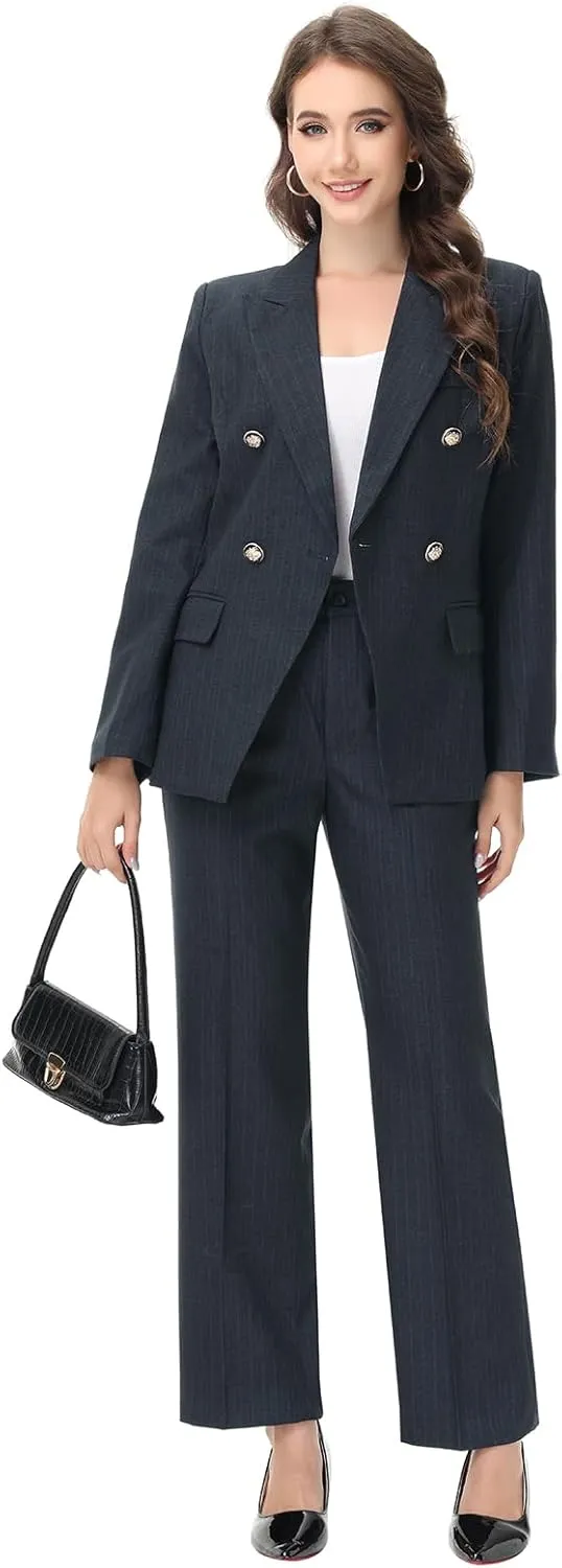 Lamgool Women's Suits 2 Piece Set Business Double Breasted Pinstripe Pant Suit Slim Fit Dressy Casual Outfits