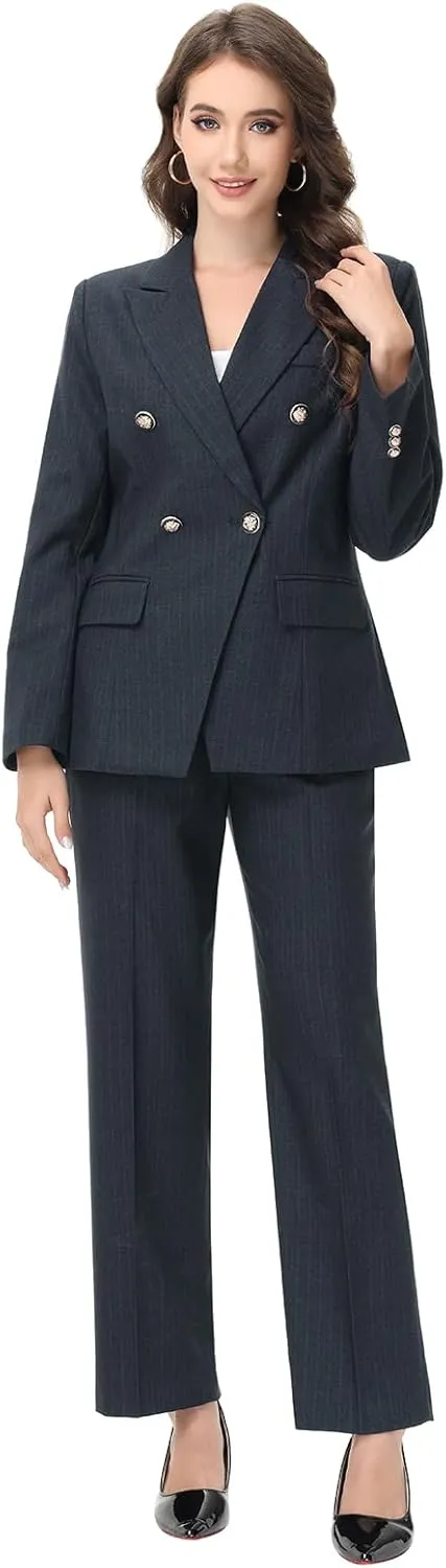 Lamgool Women's Suits 2 Piece Set Business Double Breasted Pinstripe Pant Suit Slim Fit Dressy Casual Outfits