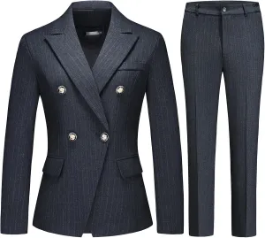 Lamgool Women's Suits 2 Piece Set Business Double Breasted Pinstripe Pant Suit Slim Fit Dressy Casual Outfits