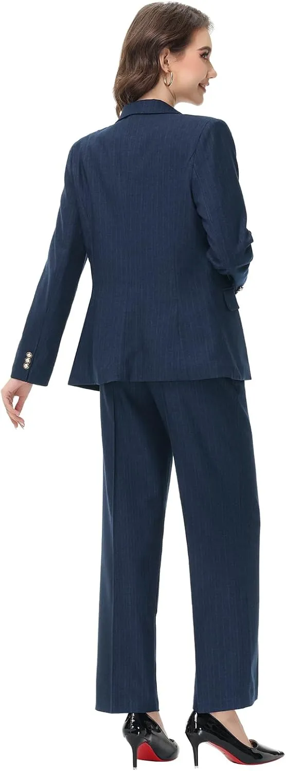 Lamgool Women's Suits 2 Piece Set Business Double Breasted Pinstripe Pant Suit Slim Fit Dressy Casual Outfits