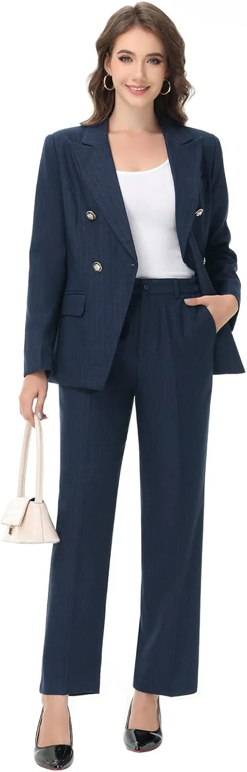 Lamgool Women's Suits 2 Piece Set Business Double Breasted Pinstripe Pant Suit Slim Fit Dressy Casual Outfits