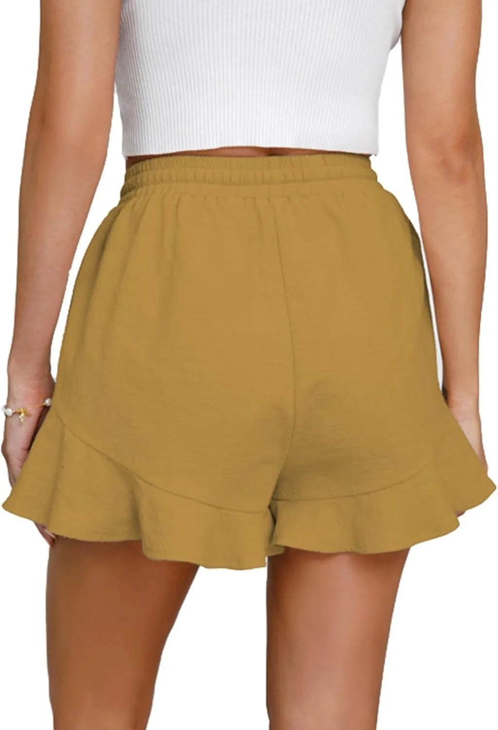 Linen Shorts for Women Summer Ruffle Hem Beach Shorts Casual High Waisted Wide Leg Drawstring Short Pants w/Pockets