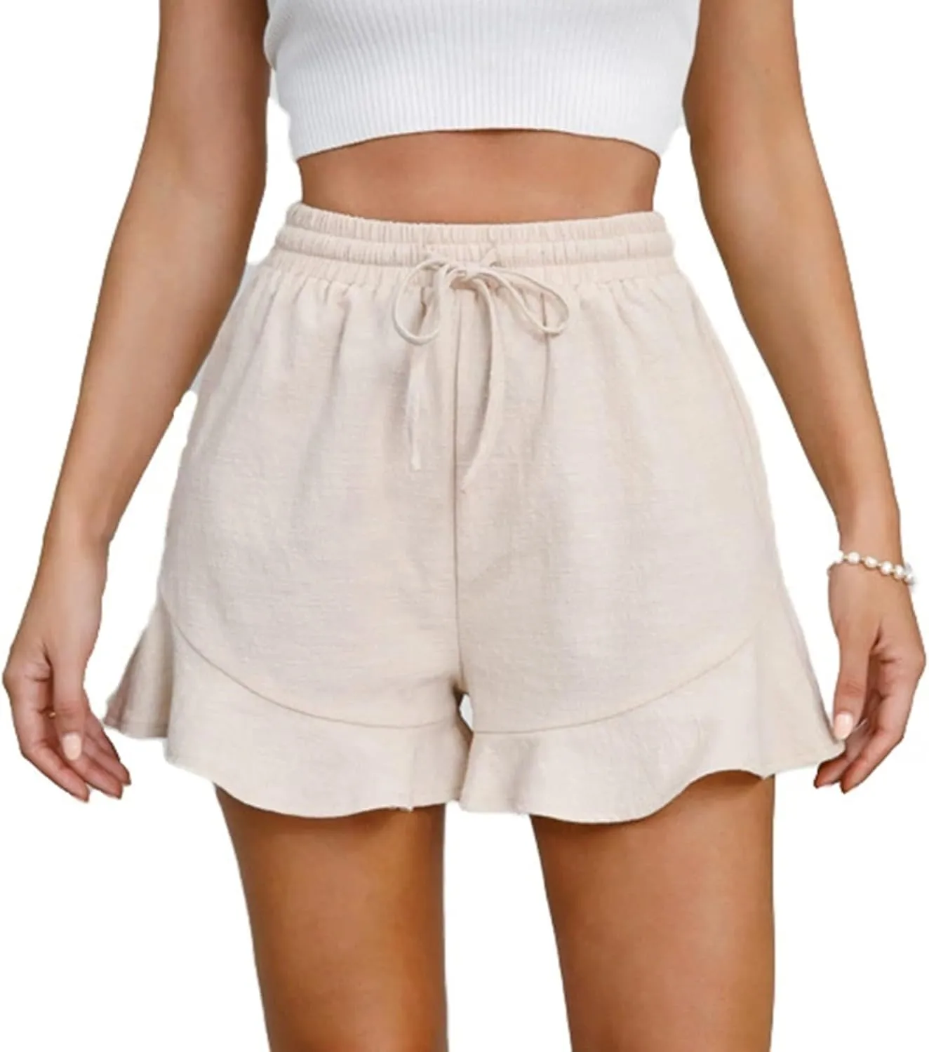 Linen Shorts for Women Summer Ruffle Hem Beach Shorts Casual High Waisted Wide Leg Drawstring Short Pants w/Pockets