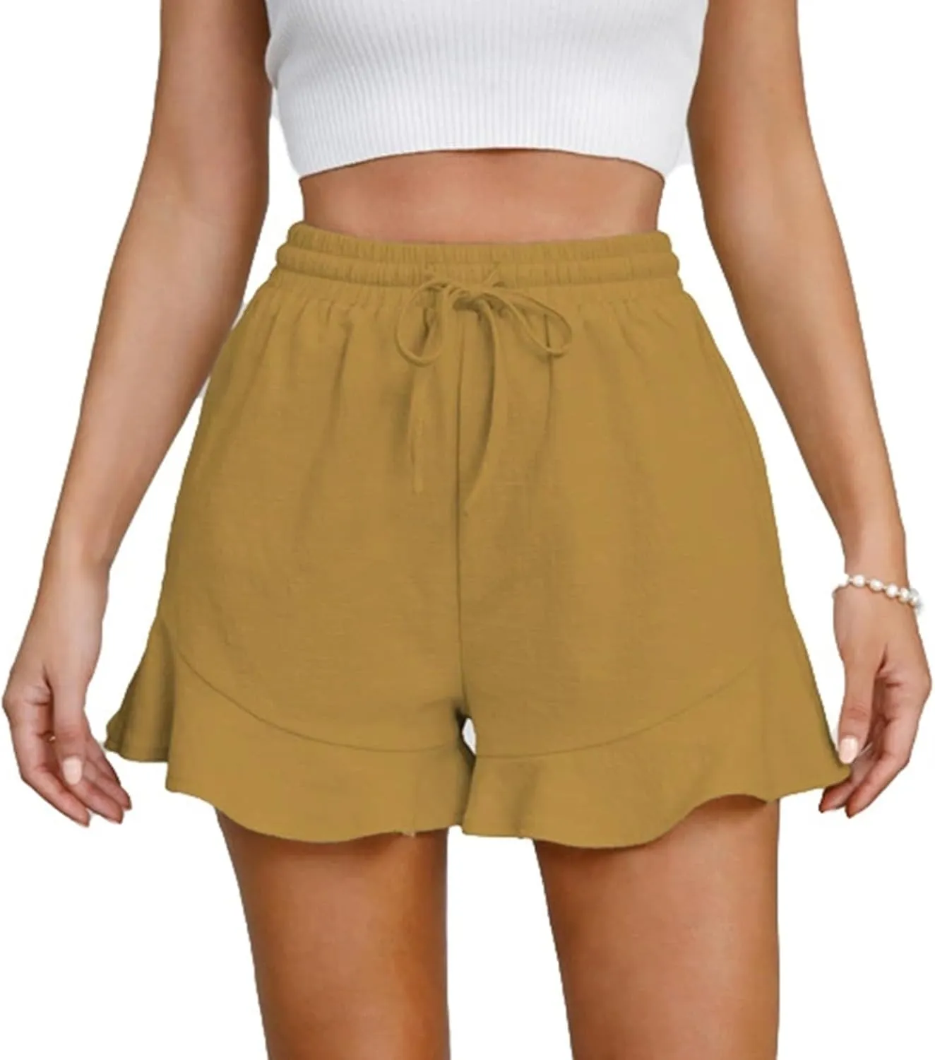 Linen Shorts for Women Summer Ruffle Hem Beach Shorts Casual High Waisted Wide Leg Drawstring Short Pants w/Pockets