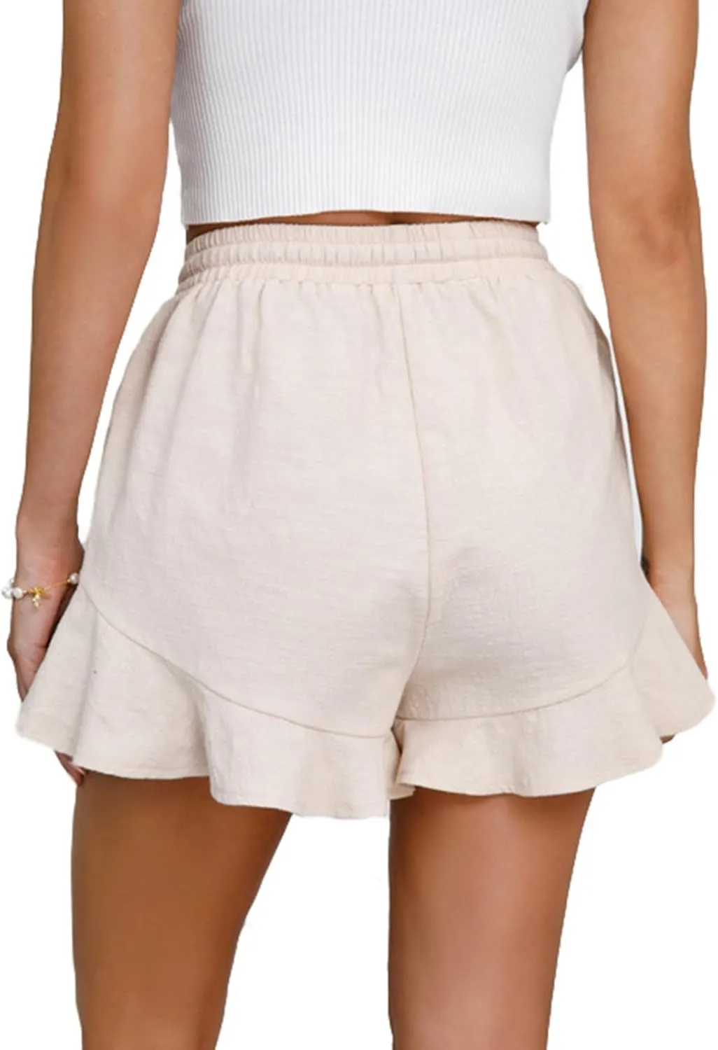 Linen Shorts for Women Summer Ruffle Hem Beach Shorts Casual High Waisted Wide Leg Drawstring Short Pants w/Pockets