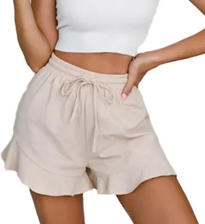 Linen Shorts for Women Summer Ruffle Hem Beach Shorts Casual High Waisted Wide Leg Drawstring Short Pants w/Pockets