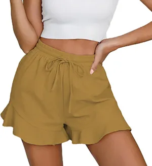 Linen Shorts for Women Summer Ruffle Hem Beach Shorts Casual High Waisted Wide Leg Drawstring Short Pants w/Pockets