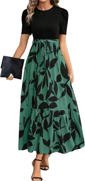 Long Floral Dresses for Women 2025 Elegant Boho Tie Belted Patchwork Empire Waist Short Sleeve Modest Flowy Maxi Dress