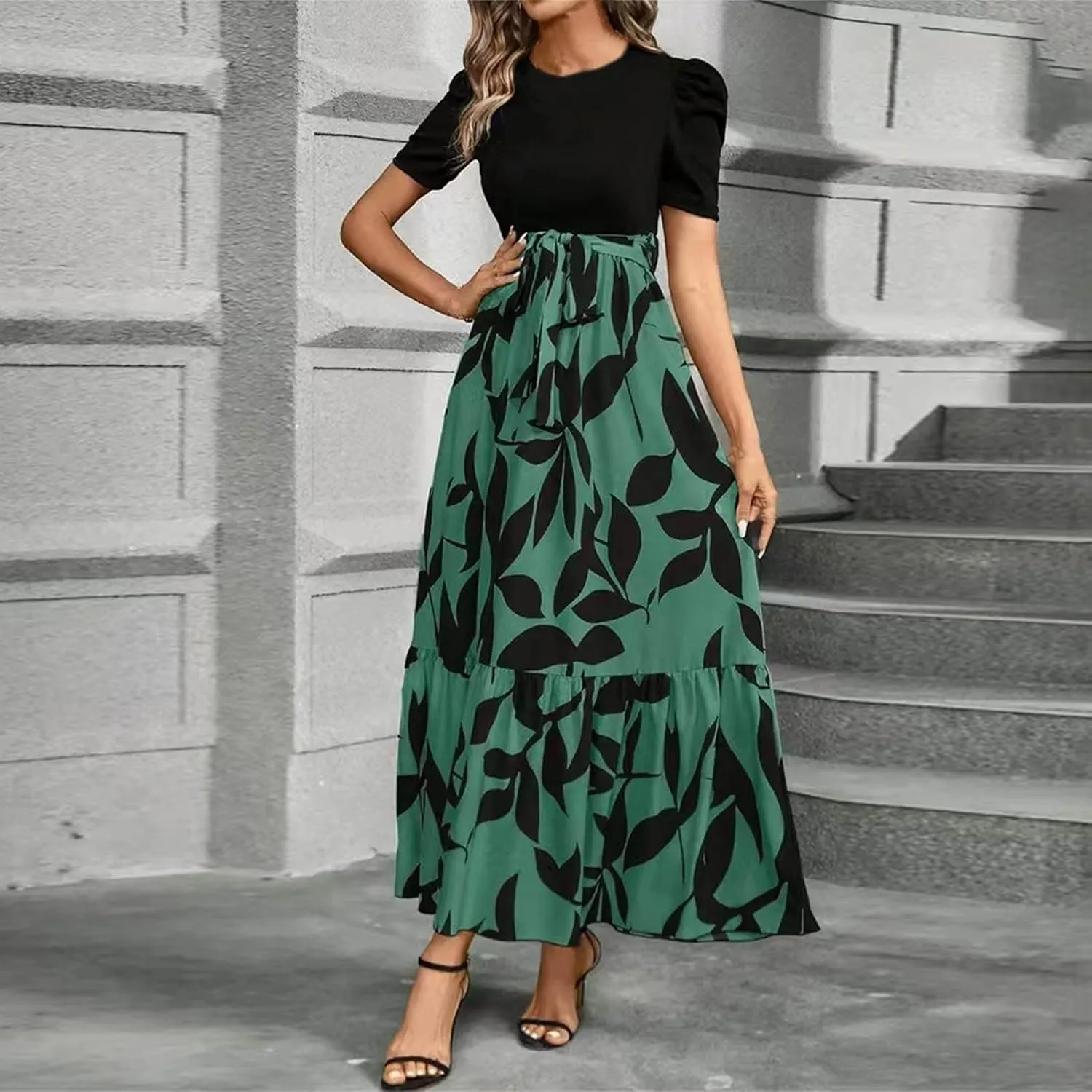 Long Floral Dresses for Women 2025 Elegant Boho Tie Belted Patchwork Empire Waist Short Sleeve Modest Flowy Maxi Dress