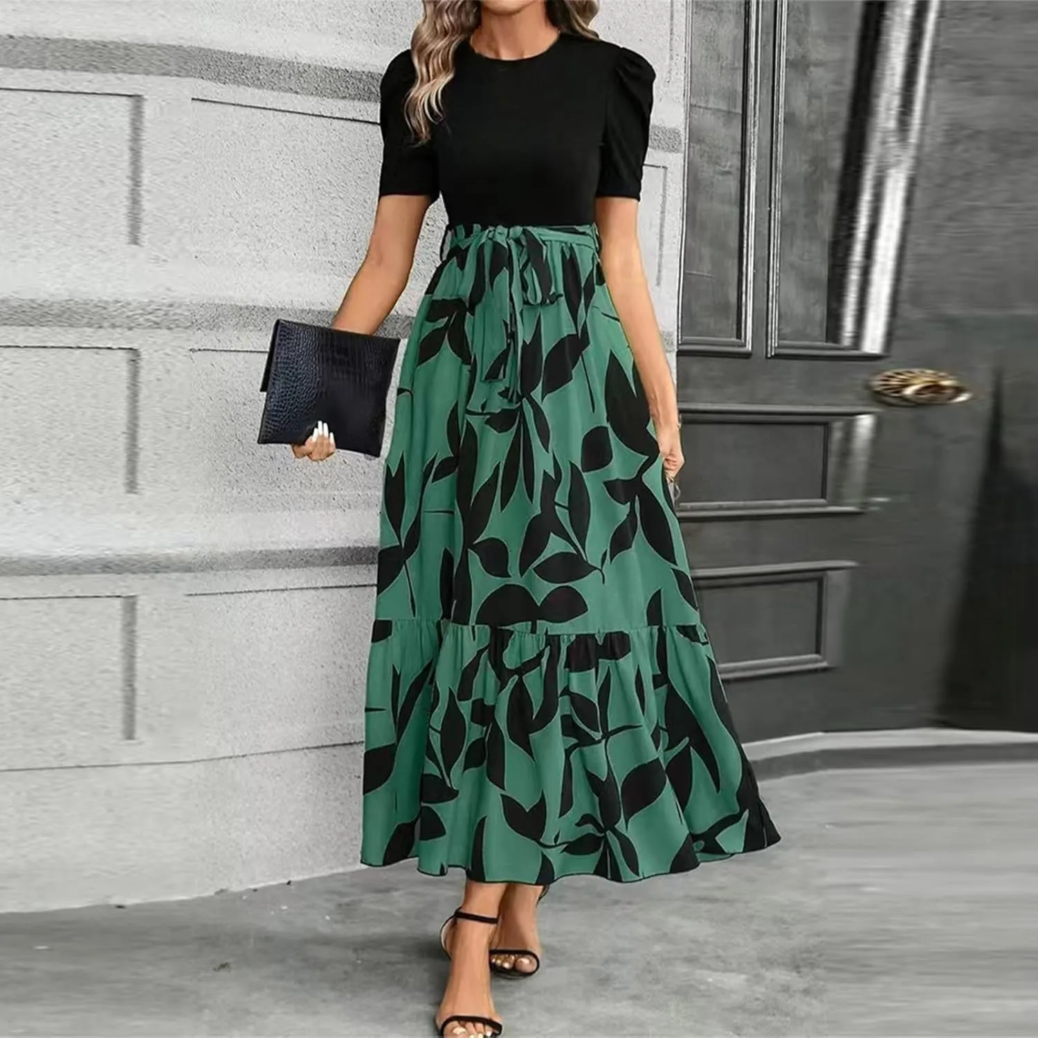 Long Floral Dresses for Women 2025 Elegant Boho Tie Belted Patchwork Empire Waist Short Sleeve Modest Flowy Maxi Dress