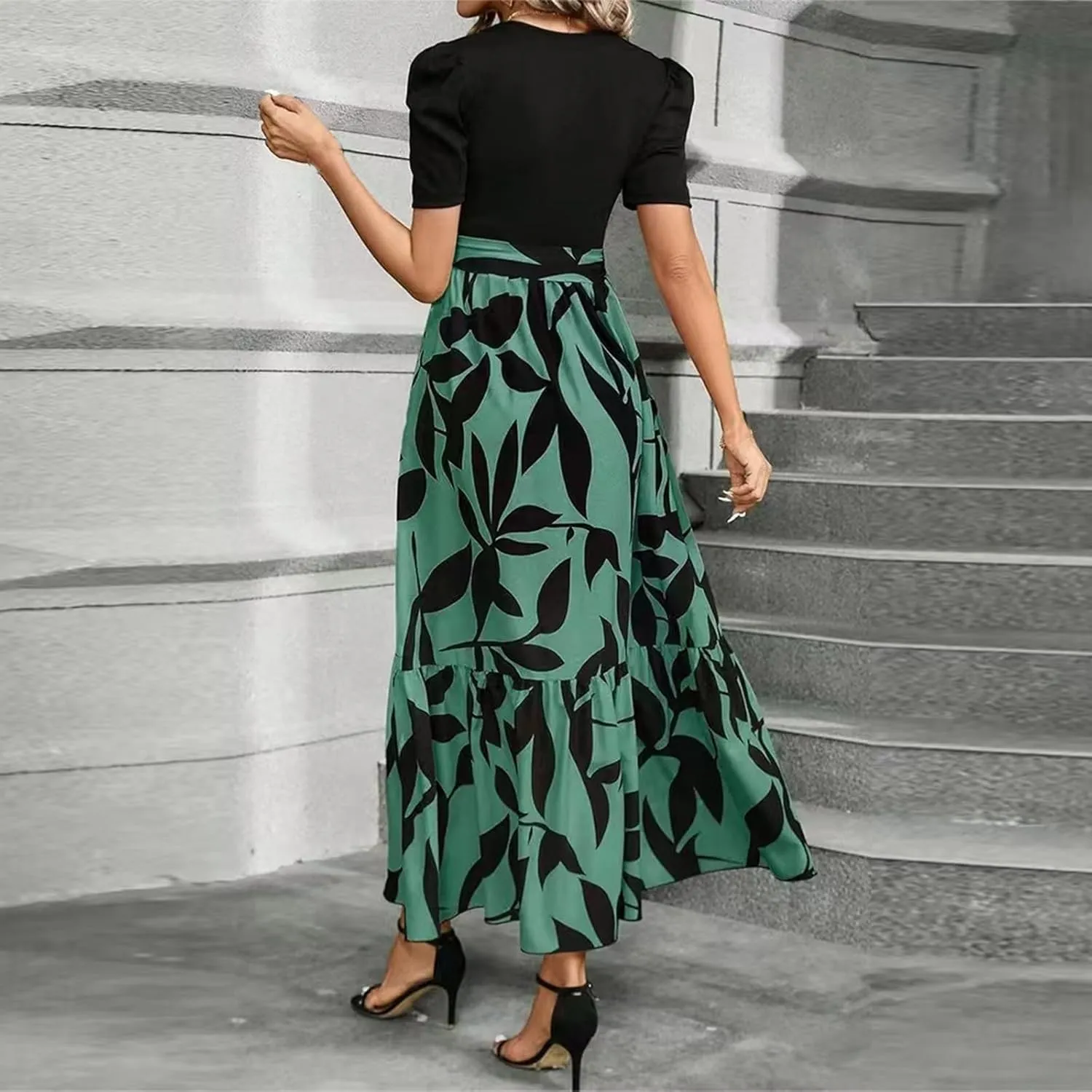 Long Floral Dresses for Women 2025 Elegant Boho Tie Belted Patchwork Empire Waist Short Sleeve Modest Flowy Maxi Dress