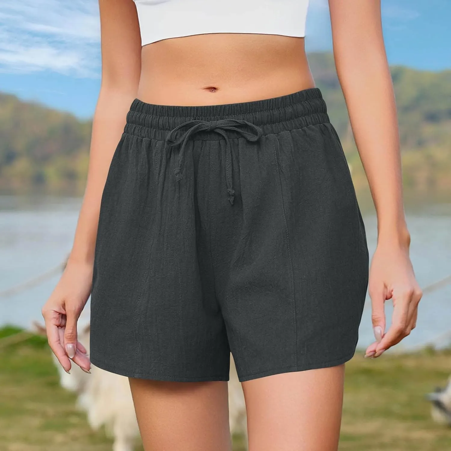 Lounge Shorts for Women Drawstring Summer Pull on Shorts Elastic High Waisted Wide Leg Short Beach Pants with Pockets