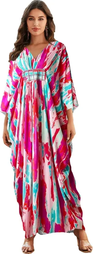 LOUSEA Ethnic Print Momo Dresses for Women Vneck Tie Dye Swimsuit Cover Ups Colorful Lougewear Dress One-Piece Beach Dress