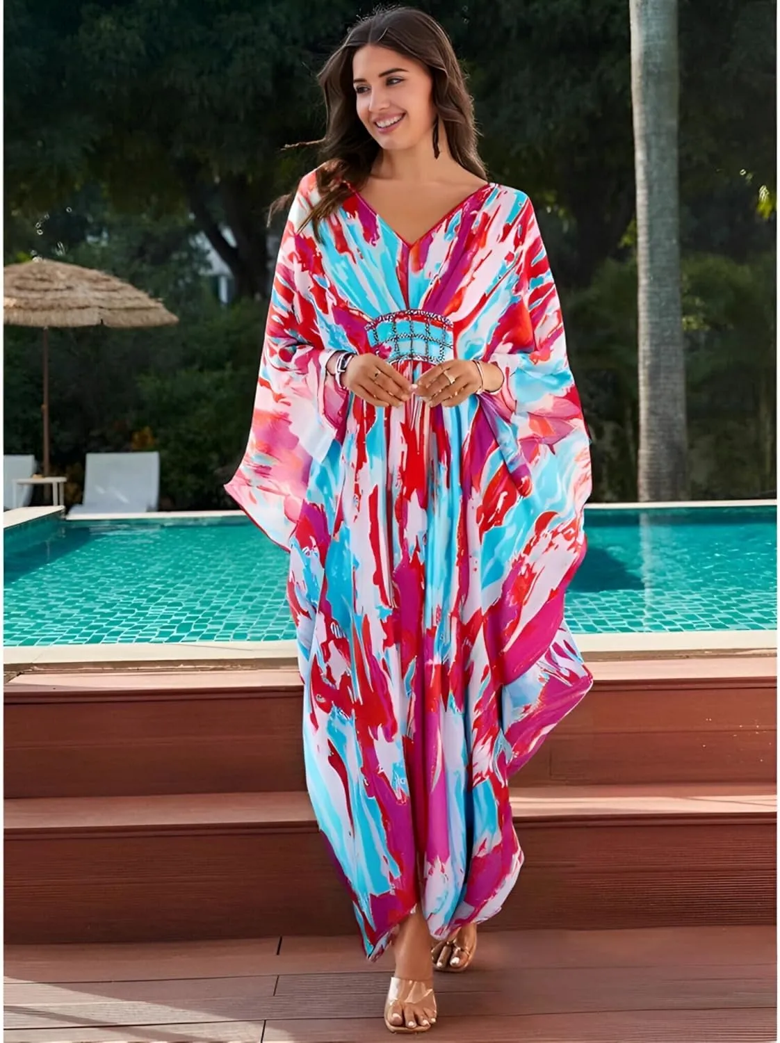 LOUSEA Ethnic Print Momo Dresses for Women Vneck Tie Dye Swimsuit Cover Ups Colorful Lougewear Dress One-Piece Beach Dress