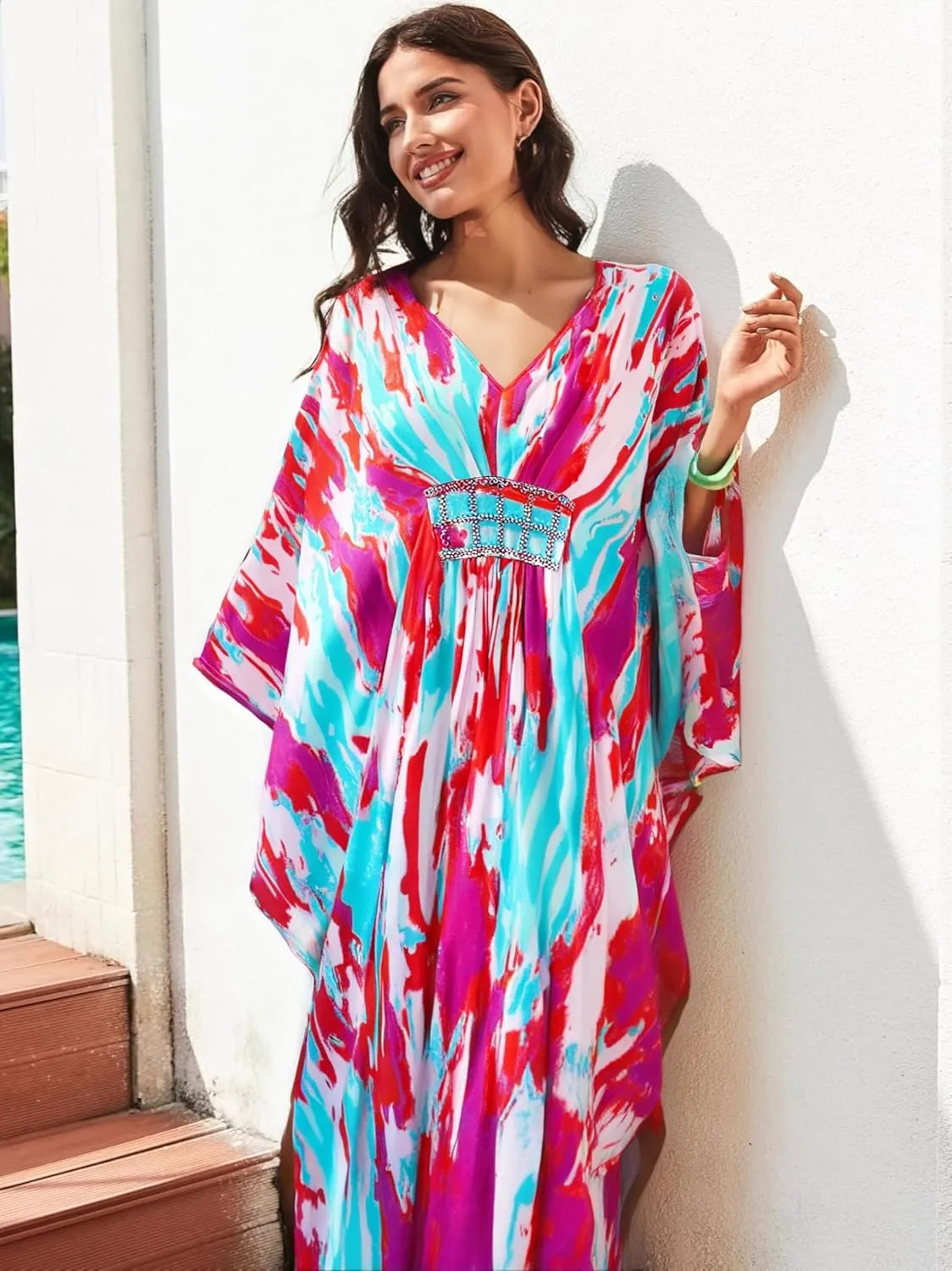 LOUSEA Ethnic Print Momo Dresses for Women Vneck Tie Dye Swimsuit Cover Ups Colorful Lougewear Dress One-Piece Beach Dress